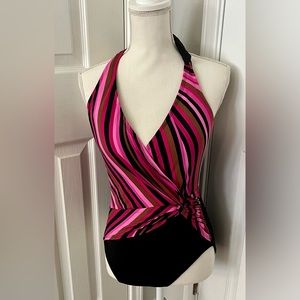 ANNE COLE WOMENS SWIMSUIT, one piece, fushia, black stripe, size 14
